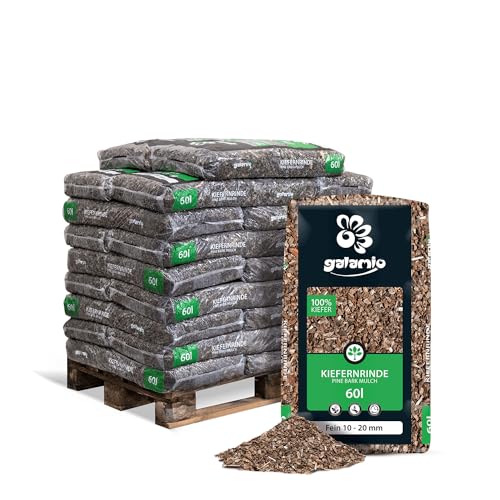 GALAMIO Kiefernrinde Kiefernmulch Rindenmulch Rinde Mulch Garten Dekor Pinus Sylvestris Natur Wald Kiefer Fein 10-20mm 60l x 26 Sack 1.560l / 1 Palette
