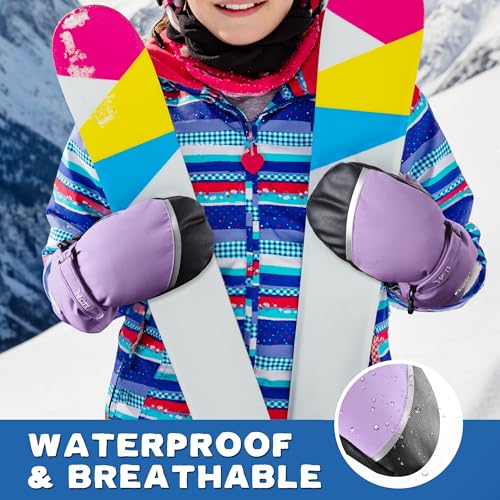 MCTi Luvas infantis impermeáveis inverno esqui quente sherpa forrado punho longo com cordão