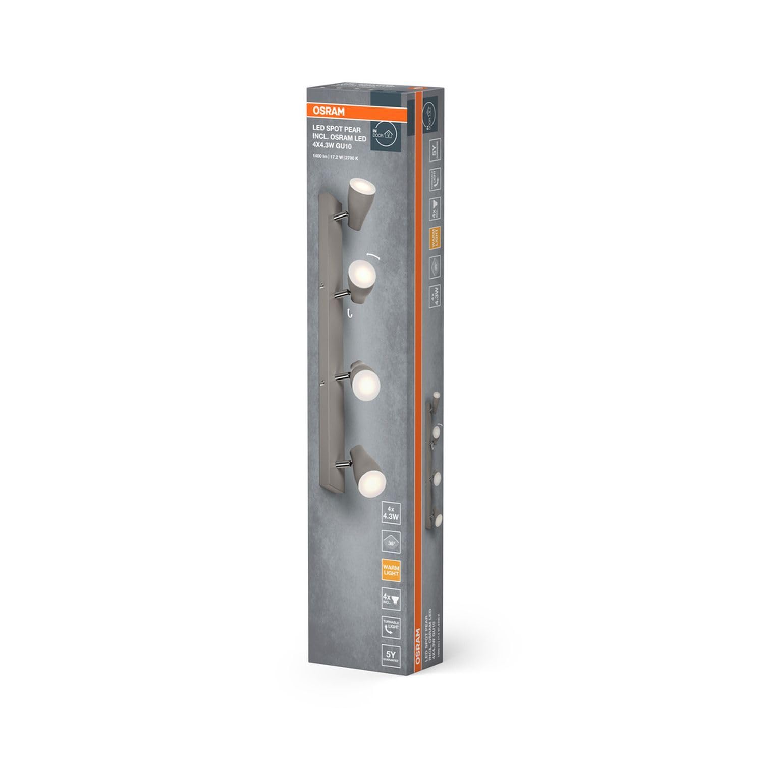 Osram Foco LED SPOT PEAR GU10, gris, 4 x 4,3 W, 1400 lm, 614 mm, luz blanca cálida, cabezales orientables, fácil montaje, combinación con bombillas inteligentes GU10, posible IP 20, 2700 K