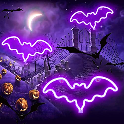 Image of LED Neon Bat Signs Halloween Decor, Purple Bat Shape Neon Lights Night Battery Operated Desk Table Lamp for Bedroom, Bar, Wall, Halloween Decor-Bat(Purple)