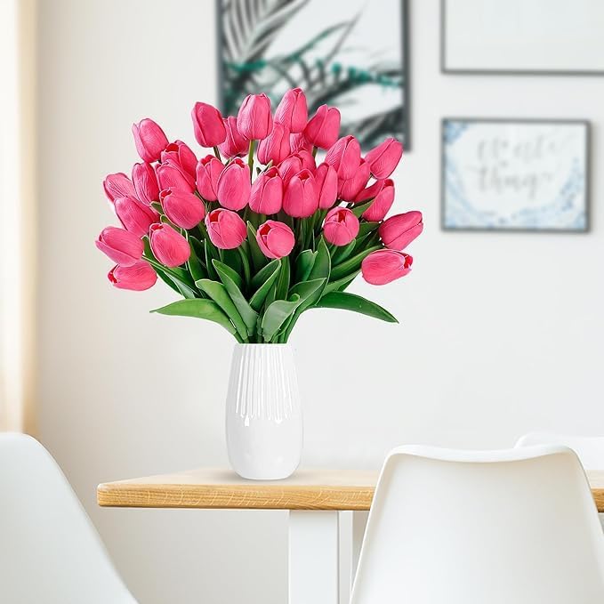 Image of Garden Art Artificial Tulip Flowers (Pack of 5) | Real Touch Silicone Single Stem Tulips for Home Decor, Living Room, Office, Vase & Wedding Decoration GAASTFB-1H-33RP (Rose Pink)