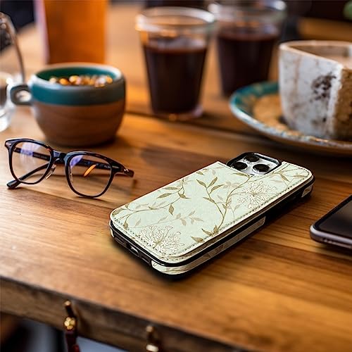 Image of uCOLOR Compatible with iPhone 12 /12 Pro 6.1 Inch Wallet Case with Card Holder, Folio Flip PU Leather Kickstand Card Slots Design Case RFID Blocking Cover 6.1 inch(Aqua Floral Leaves)