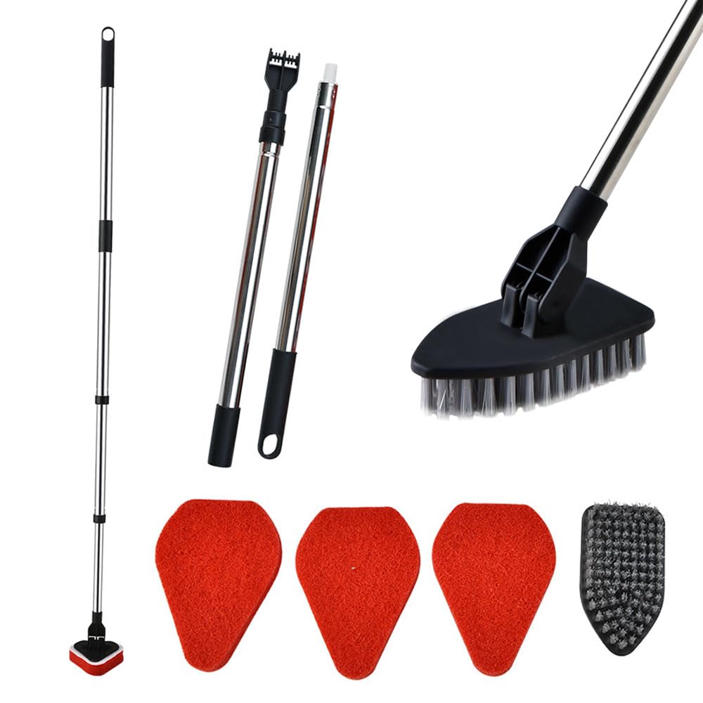 ORiTi Shower Brush Scrubber with Long Extendable Handle 116cm - Shower Bathtub Tub & Tile Scrubber Brush Include 1 Stiff Brush Head & 3 Scouring Pads for Wall Bathroom Glass Bathtub Black