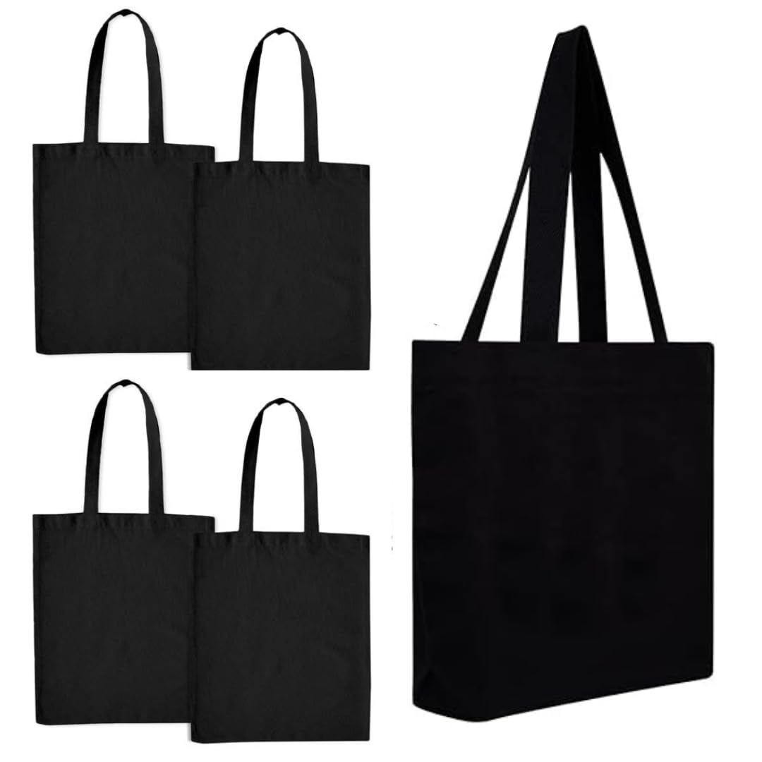 CrownLit Cotton Canvas Tote Bag, 16×14.5 inches, Holds up to 15-20kg, Multiple Uses, Eco-Friendly Material, Set of 5, 300GSM Thick Fabric Quality, Black CrownLit Cotton Canvas Tote Bag, 16×14.5 inches, Holds up to 15-20kg, Multiple Uses, Eco-Friendly Material, Set of 5, 300GSM Thick Fabric Quality, Black