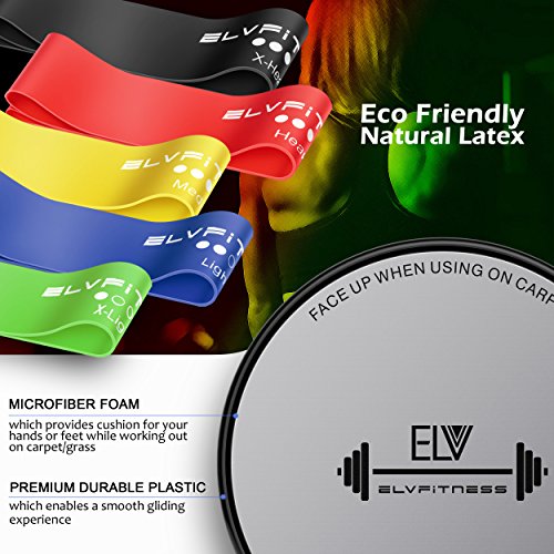Elv Resistance Loop Bands And Exercise Sliders Set - Home And Personal Fitness Equipment, 5 Elastic Bands And 2 Gliding Discs, Awesome Core, Legs, Abs Workouts - Physical Therapy And Injury Prevention #TOP1