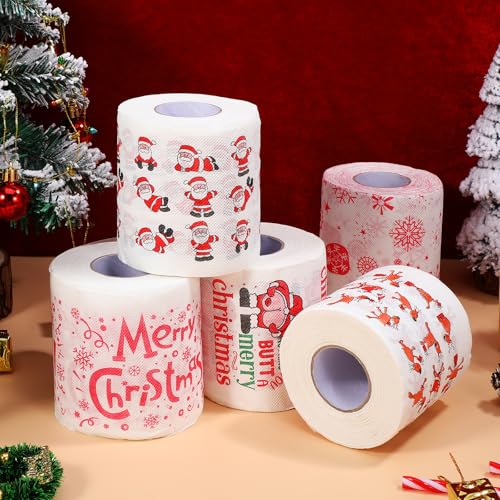 Christmas Toilet Paper 5 Rolls Merry Christmas Toilet Tissue Printed Santa Claus - Toilet Tissues Rolls for Christmas Vacation Decorations Holiday Gag GIfts (150 Sheets/Roll)