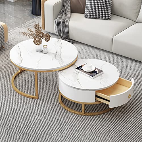 DGDHHSFJDJ Juego de 2 mesas de Centro Redondas de mármol con cajón y Estructura de Metal Resistente: mesas auxiliares Sala de Estar y Dormitorio, diseño Moderno para la decoración del ho