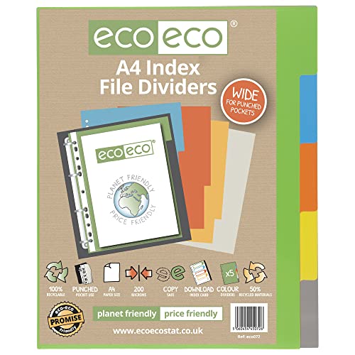 Eco Eco A4 File Dividers 5 Part Index Plastic Colour Tabs 50% Recycled X 1 Set - Foto 3