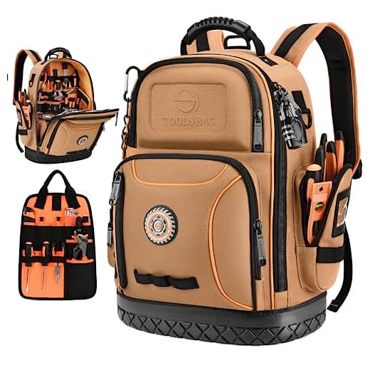 Tool Bag Backpack, 75 Pockets & Loops Canvas Heavy Duty Tools Organizer Bags/HVAC Tool Carrier for Eelectrician/Construction Work with Molded Base and Combination Lock - Brown