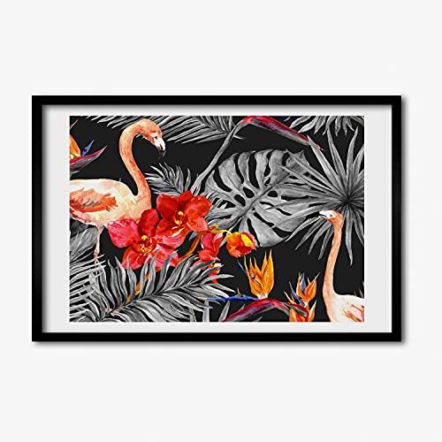 Cadre MDF 60x40 cm avec photo de flamants roses et fleurs Tulup pour affiche et peinture