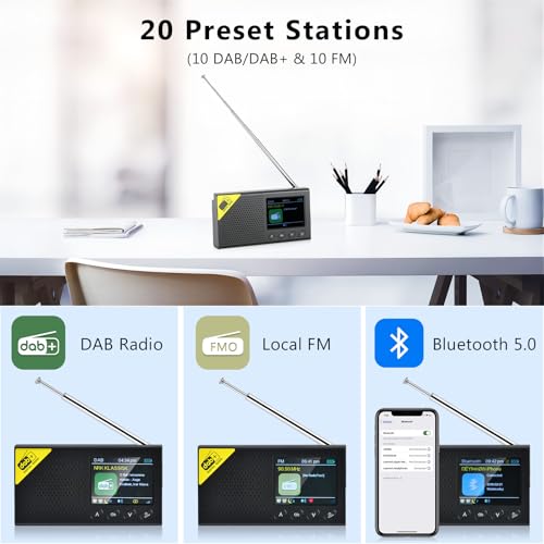 Hikity Dab Radio Portátil Pequeña, Radio Digital Dab Plus con Bluetooth, Dab+ Radio FM Recargable, Despertador Doble, Interfaz AUX, Cocina/Camping Radio Portátil, 9 Lenguas - imagen 3