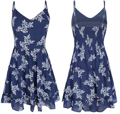 Image of FANCYINN Women Floral Casual Tiered Mini Dresses Spaghetti Strap V Neck Backless A Line Swing Short Dress with Pockets
