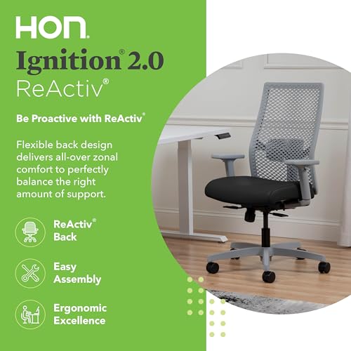 Image of HON Ignition 2.0 ReActiv Ergonomic Office Chair, Mesh Desk Chair with Lumbar Support, Synchro‑Tilt Recline, Height and Width Adjustable Arms, Swivel Wheels, Titanium Frame, Black