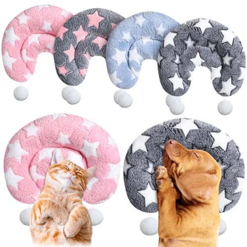 Lineshading 4 Pcs Pillows for Large Indoor Cats Fluffy Calming U Shaped Neck Pillow with 2 Toy Balls for Training and Joint Relief(Star)