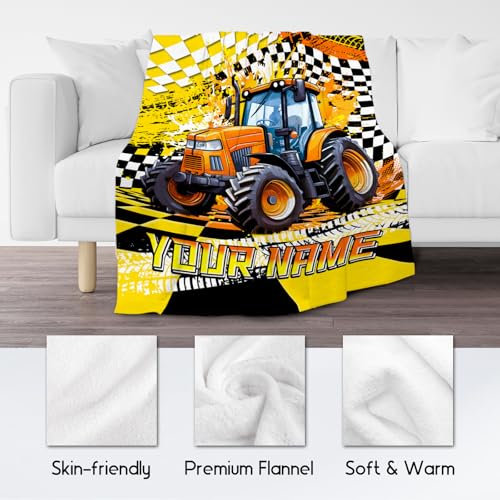 Custom Boys Blanket, Tractor Blankets for Kids Age 6-8, Personalized Car Gifts with Name, Cozy Fleece Throw for Couch & Sofa, 30"x40"