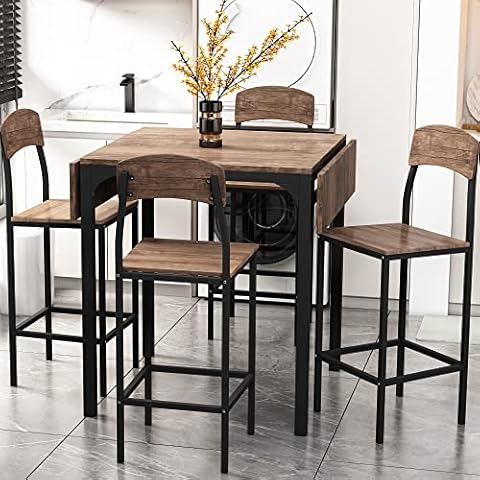 VilroCaz 5-Piece Counter Height Dining Table Set Bar Table Set, Farmhouse Drop Leaf Dining Table, 4 Counter Height Comfort Dining Chairs with Footrest, Space Saving Design (Black Frame) Cover