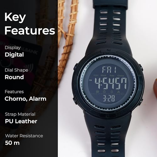 SKMEI Men's Digital Sports Watch 50m Waterproof LED Military Multifunction Smart Watch Stopwatch Countdown Auto Date Alarm - 1251, Black, Strap