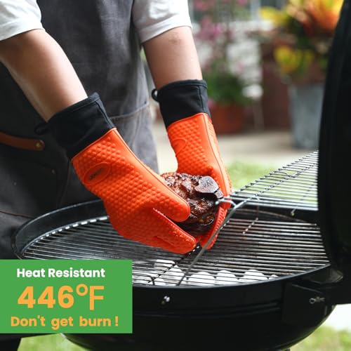 Image of GEEKHOM BBQ Gloves Heat Resistant Oven Mitts - Silicone Grilling Gloves with 13.7 inch Arm Protection - Waterproof Pot Holder Non-Slip for Men & Women, Kitchen Outdoor Cooking, Baking, Camping, Orange