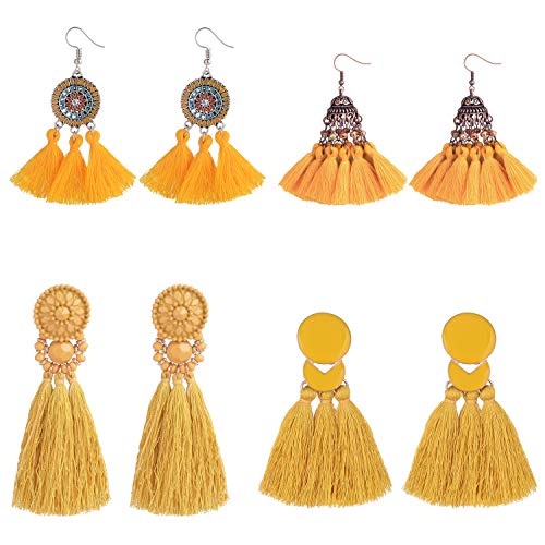 D EXCEED 4 Pairs Bohemian Tassel Dangle Earrings Long Colorful Dangle Drop Earrings for Women Girls Gift Idea Statement Tassle Earrings Yellow