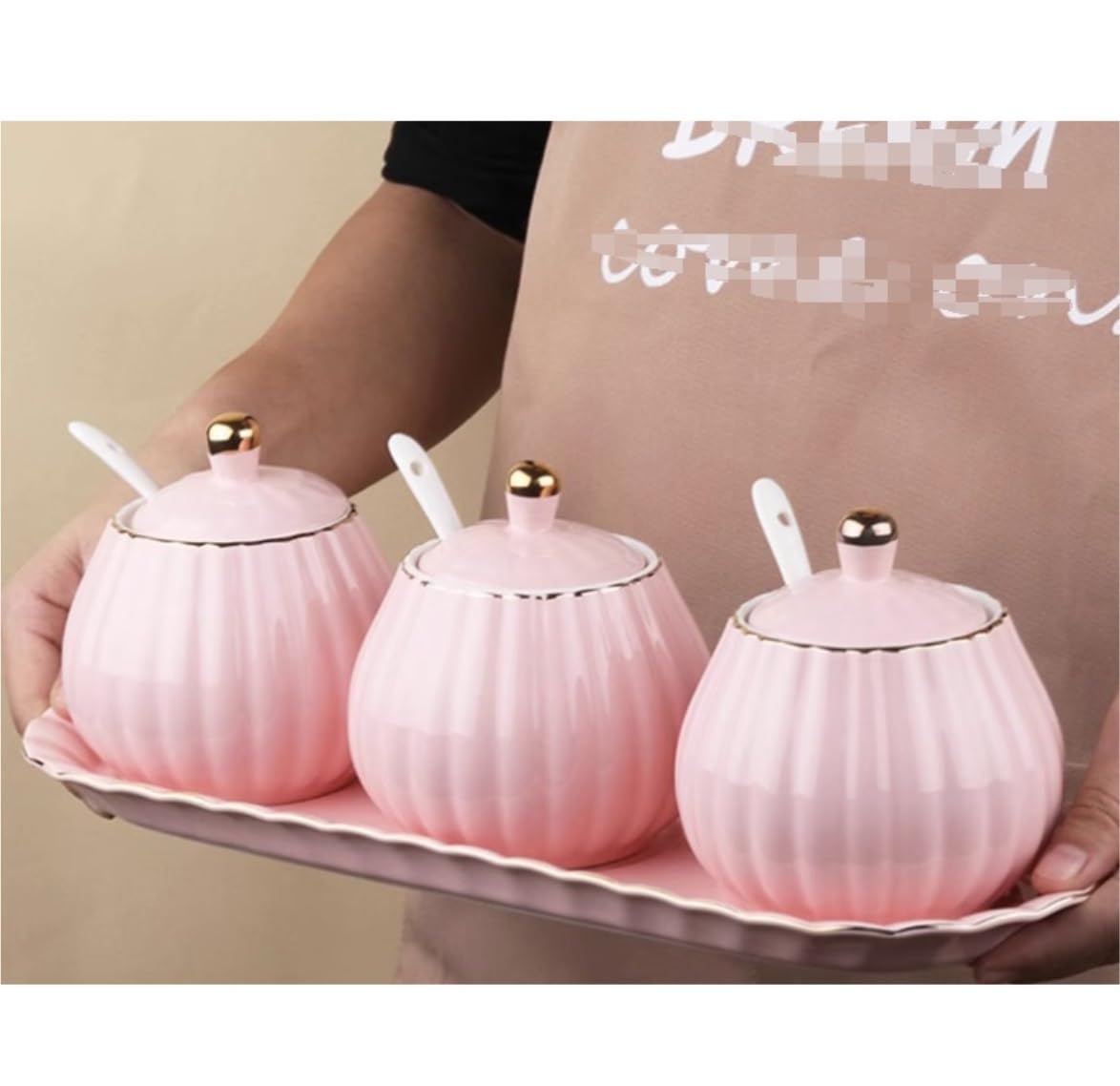 Salero Y Azucarero Cocina Juego De Tarros Especias Cerámica Con Tapa, Cuchara Y Bandeja, Para Condimentos, Caja Para Almacenamiento En El Hogar, Para Sal, Cocina Caja De Almacenamiento(Pink)