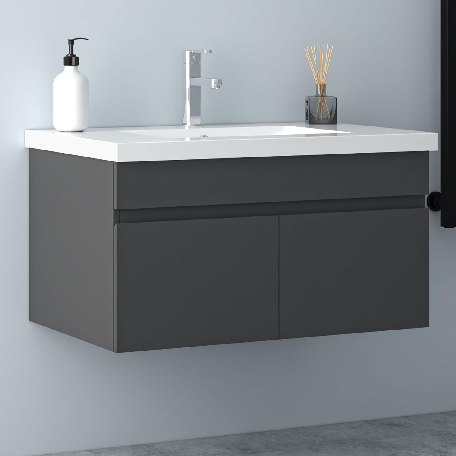 Badezimmer Badmöbel 80cm Mineralguss Waschtisch mit Unterschrank Hängeschrank Dunkelgrau Matt Badezimmerschränke Badschrank mit 2 Soft-Close Türen