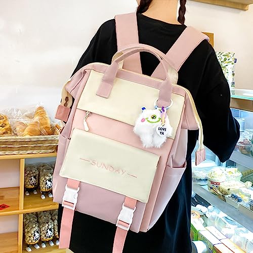 5Pcs Kawaii Backpack Cute Backpack for School Aesthetic Backpack Kawaii School Supplies Backpack Set with Accessories (Pink)3