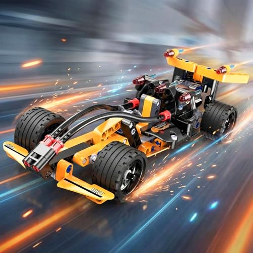 Formel 1 Auto aus CaDA Baustein-Set mit Rückziehfunktion, 159-tlg. 24 cm Sport-Auto Steck-Bausatz m. profilierten Reifen, Pull-Back Fahrzeug, Spielzeug Technik-Rennwagen f. Kinder, Erwachsene, Sammler