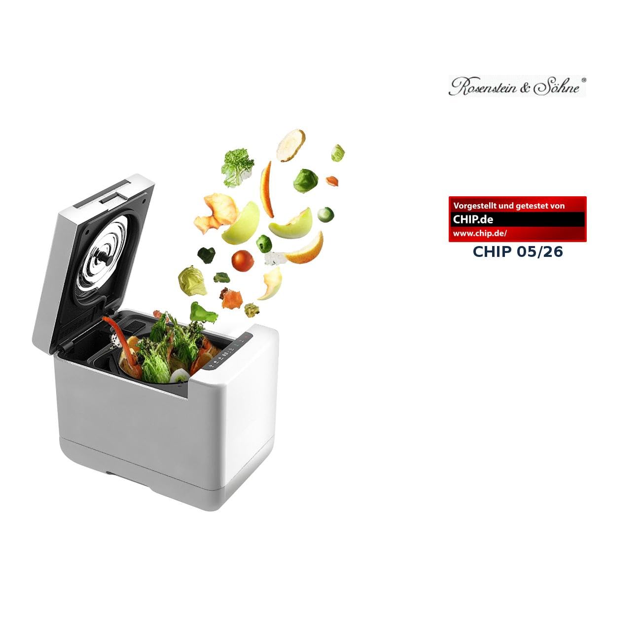 Rosenstein & Söhne Komposter: Elektrischer Kompostierer mit LCD-Display, 1,5 Liter, 350 W, Autoclean (Küchenkomposter elektrisch, Elektro Komposter, Geruch)