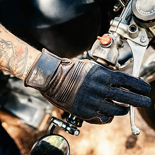 Indie Ridge Denim & Leather Motorcycle Gloves (Brown) With Mobile Phone Touchscreen (Medium) #TOP1
