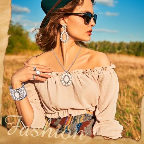 Image of Ecally Bohemian Western Jewelry Turquoise Set Women Country Pendant Long Choker Layered Bracelets Earrings Ring for Women