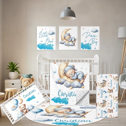 Terwex Baby Bedding Set 5Pcs with Name, Blue Bear