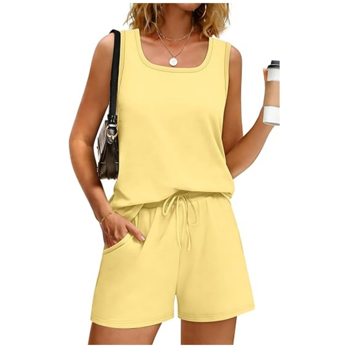 Completo da donna in due pezzi con pantaloncini, canotta senza maniche e pantaloncini elastici con tasche, pigiama estivo in cotone allentato, abbigliamento per il tempo libero, abbigliamento sportivo