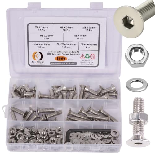 Image of Metric M8 Stainless Steel 202 Grade CSK Head Allen Bolt Hex Socket Countersunk Screws Nuts & Washers Assortment Kit with Allen Keys & Storage Box - 199 Pieces