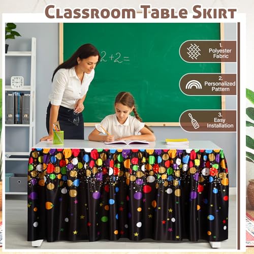 29 in x 9 ft Confetti Table Skirt for Teacher Desk Rectangular Tablecloth Skirt Colorful Boho Desk Skirts for Teacher Classroom Decorations School Themed Party Supplies