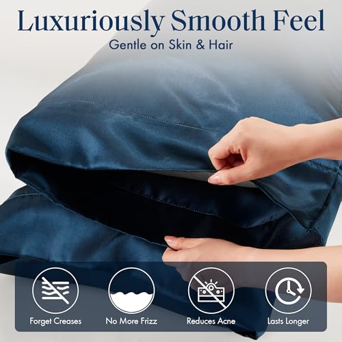 Image of Madison Park Essentials Satin Pillowcase Set of 2, Standard Midnight Blue | Pillowcase Cover for Hair & Skin, Luxuriously Soft, Natural Sheen Luster, Cool to Touch, Wrinkle-Free, Machine Washable