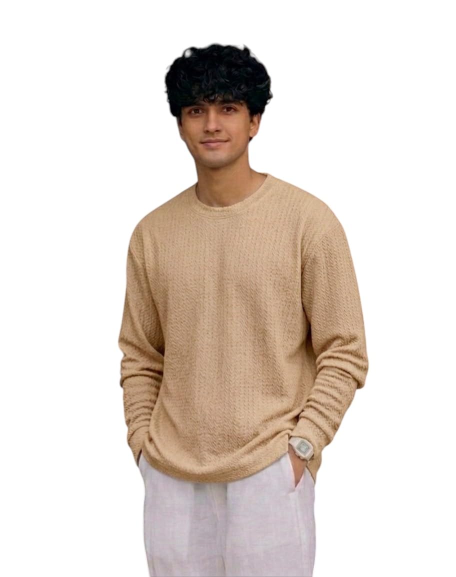 Men's Cable Textured Crew Neck Tshirt, Long Sleeve, Relaxed Fit, Maroon, White, Brown-picture-39