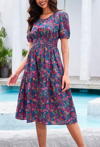Image of Kormei Women Summer Casual Boho Floral Round Neck Short Sleeve Smocked Waist Tiered Flowy Swing Midi Dress