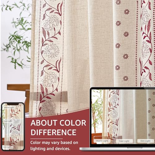 Image of jinchan Burgundy Linen Curtains for Living Room 63 inch Back Tab 2 Panels