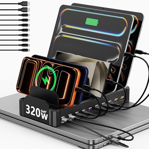 320W Charging Station for Multiple Devices with 10 Cables 10-Port GaN USB-C Charger with Dual 65W PD Laptop Charging 5 USB-C & 5 USB-A Charging Hub for MacBook iPhone iPad Tablets (Black)