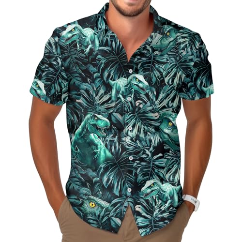 Dinosaur Short Sleeve Hawaiian Shirt, Funny Animal Print Casual Button Shirt, Summer Gifts, Birthday Gifts
