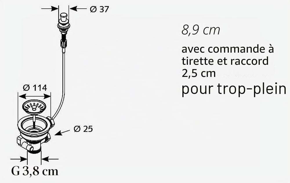 Vanne universelle à tamis avec commande à tirette - vidage vers le bas avec 2 raccords de trop-plein (1") - ø 114 mm