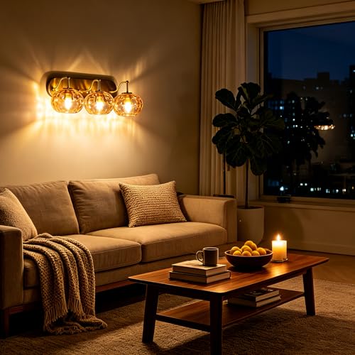 Image of 23 inch Brushed Gold Vanity Light Stained Amber Hammered Glass Wall Sconce 3-Light Brass Wall Lamp for Hallway Living Room Stairwell Bathroom Over Mirror