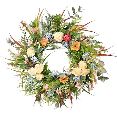 Beinhome 20in Spring Wreath for Front Door, Yellow Rose Lavender Wreath Spring Summer Wreath Decorated with Small Red Peonies Blue Hydrangeas and Fruits for Window Home Kitchen Wall Decorative Wreath Cover