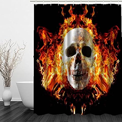 Zifarm 3D Shower Curtain Fire Skull 120x180cm 100% Polyester Fabric Waterproof Horror Halloween Shower Curtain Mould Proof Washable Bath Curtain with 12 Hooks for Kids Bathroom Decoration Cover