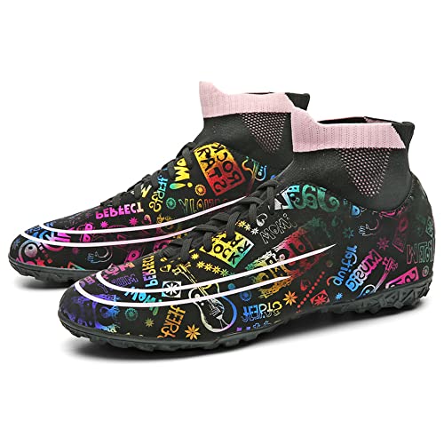 WANMEIL Graffiti Messi Football Boots Turf Indoor Youth Football Shoes High Top Ankle Boots Ground Soccer Shoe For Women/Men/Big Kid (8, Black)