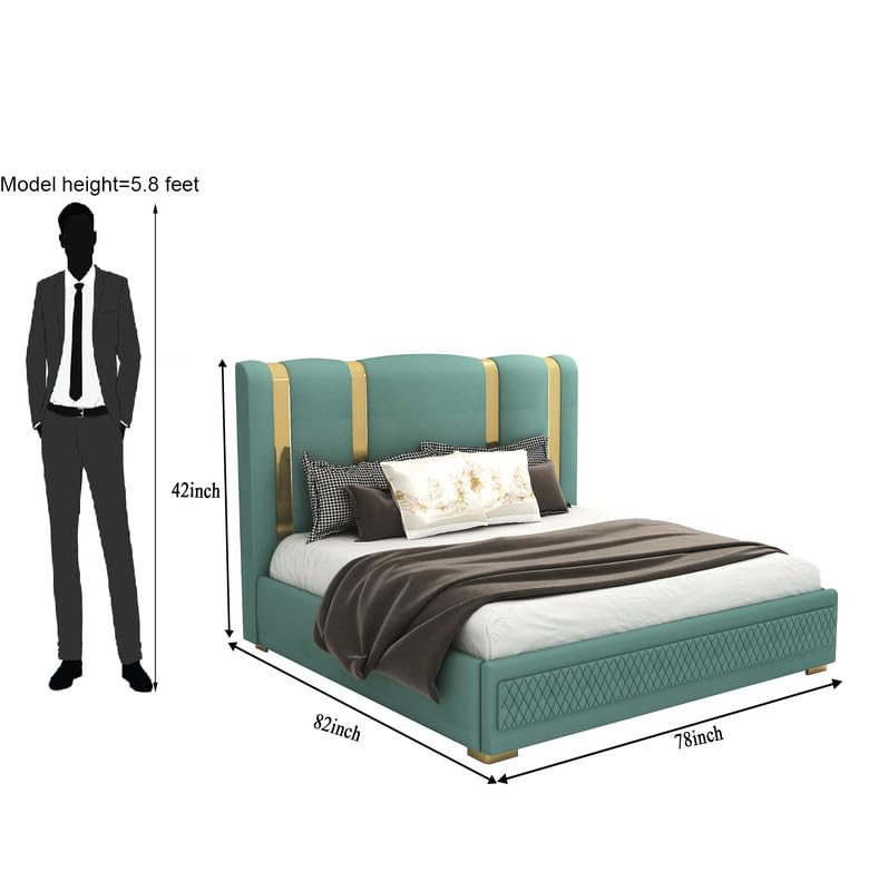 Image of STRATA FURNITURE Solid Wood King Size Bed with Box Storage and Upholstered Headboard | Modern Wooden Double Bed Cot Palang Furniture for Bedroom, Hotels, Living Room, and Home (Greendust)