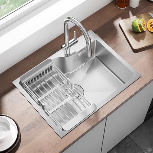 ANYCEE Lavello in Acciaio Inox 60 x 45 cm, Lavello Cucina 1 Vasca con Foro e Cestello, Lavandino Cucina per Mobile da 60cm, Lavelli da Incasso o Banco con Sifone e Scarico