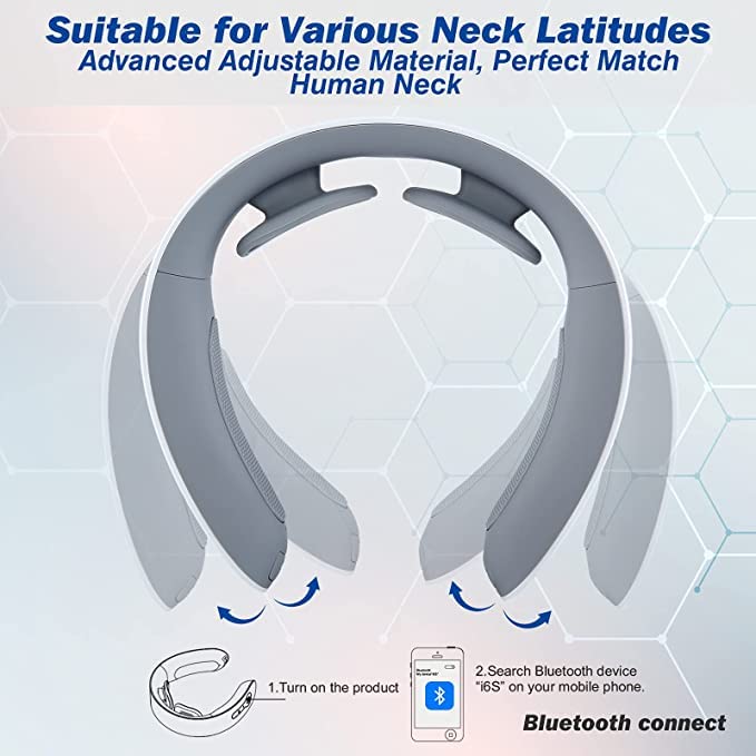 Diagram showing how to wear the neck massager and connect via Bluetooth.