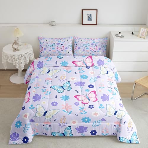 Image of Erosebridal Flying Butterflies King Size Comforter Set for Kids Teens Adults,Pink and Blue Bedding Sets,Cartoon Garden Floral Duvet Insert,Wildlife Quilt Bedroom Decor
