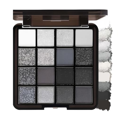 16 Colours Smokey Eye Palette Black Grey Silver Shades Matte Shimmer Glitter Makeup Set Blendable Long Lasting Cosmetic Kit for Daily Party Looks